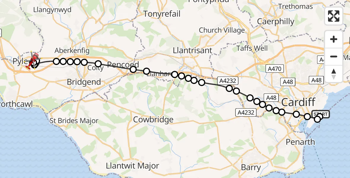 Flight route Air Ambulance Helicopter Cardiff Heliport - Pyle, 19 July 2026, 14:42
