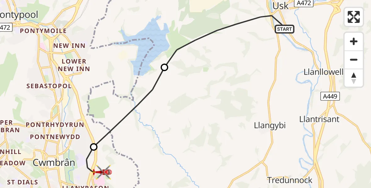 Flight route Air Ambulance Helicopter Usk - Grange University Hospital Heliport, 19 July 2026, 14:45