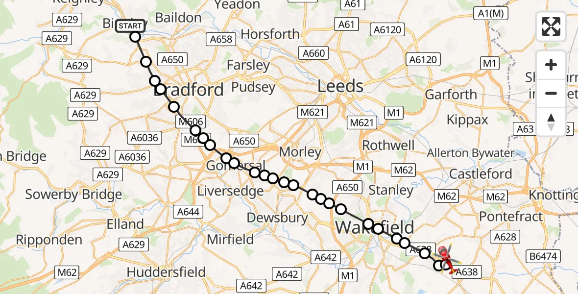 Flight route Air Ambulance Helicopter Bingley - YAA Nostell Helicopter Port, 19 July 2026, 14:50