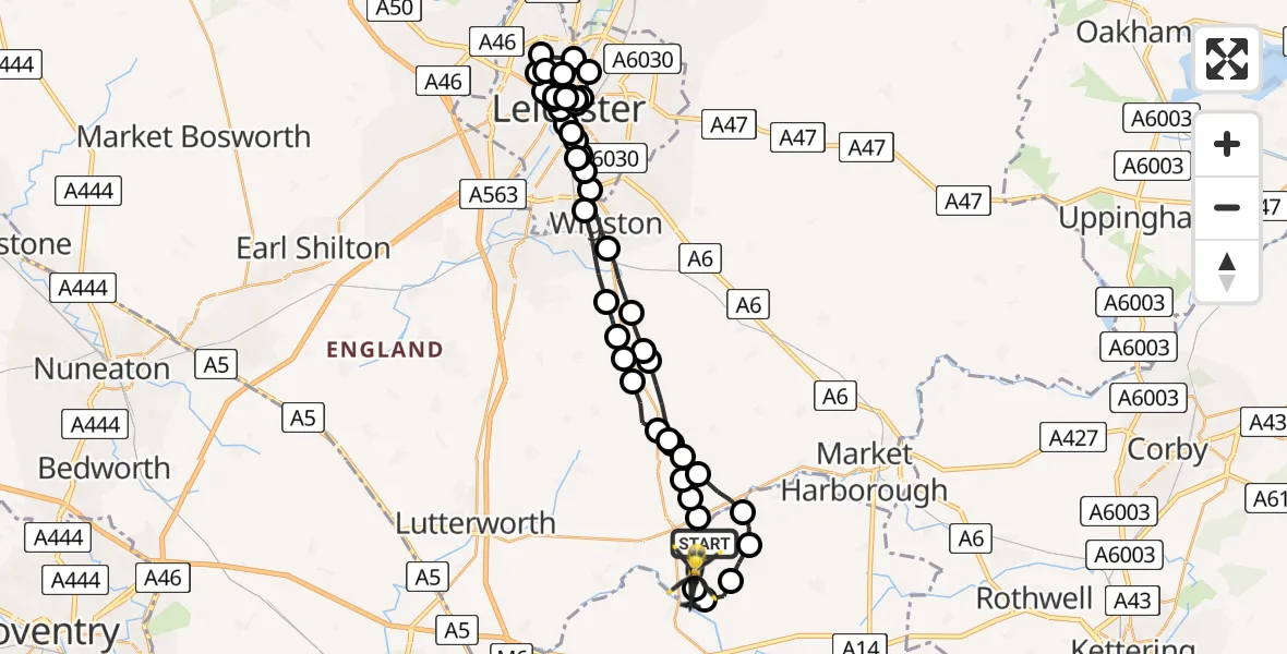 Flight route Police Helicopter Marston Trussell - Harborough, 19 July 2026, 14:56