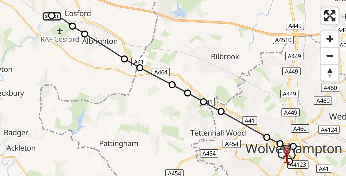 Flight route Air Ambulance Helicopter RAF Cosford - Wolverhampton, 19 July 2026, 14:56