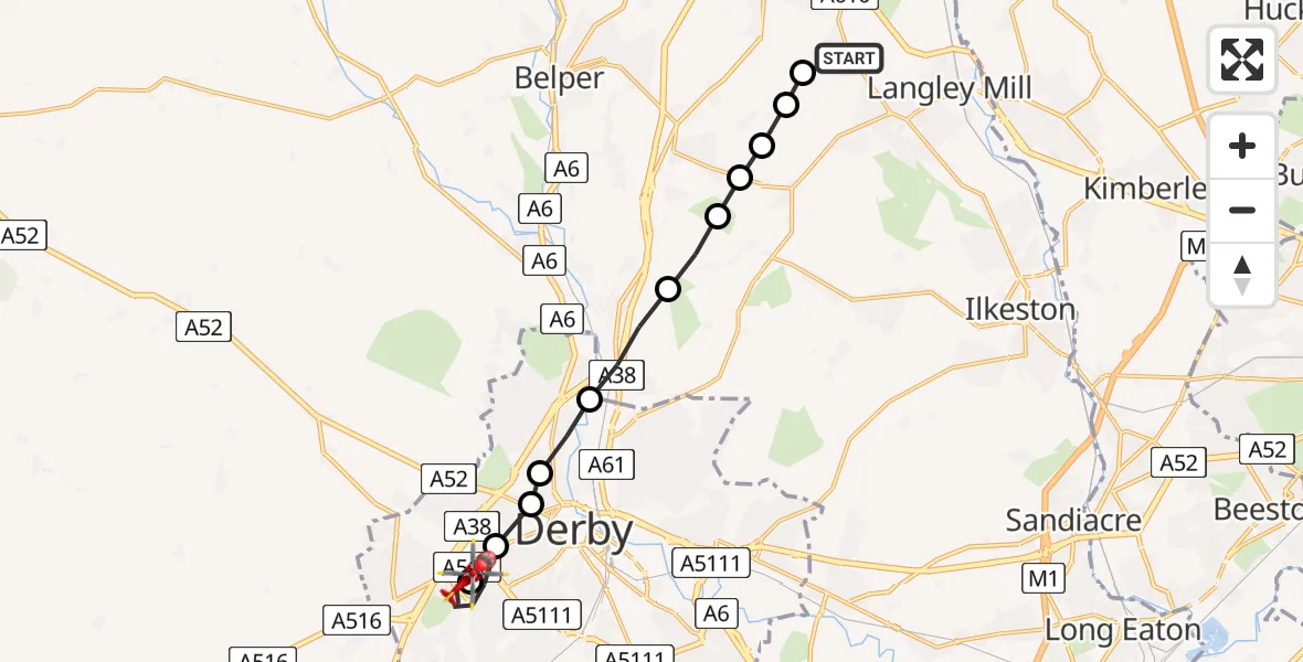 Flight route Air Ambulance Helicopter Loscoe - Royal Derby Trauma Unit, 19 July 2026, 14:57