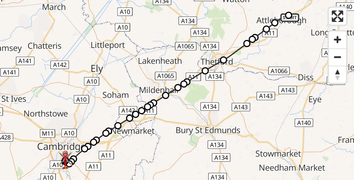 Flight route Air Ambulance Helicopter Besthorpe - Papworth Hospital, 19 July 2026, 15:03