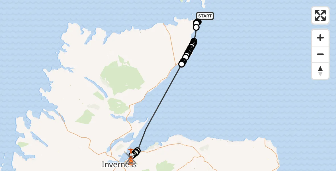 Flight route Coastguard Helicopter North Sea - Inverness Airport, 19 July 2026, 15:04