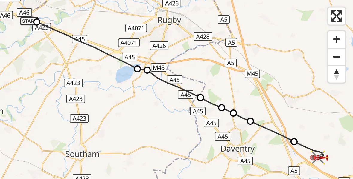 Flight route Air Ambulance Helicopter Coventry Airport - Flore, 19 July 2026, 15:18