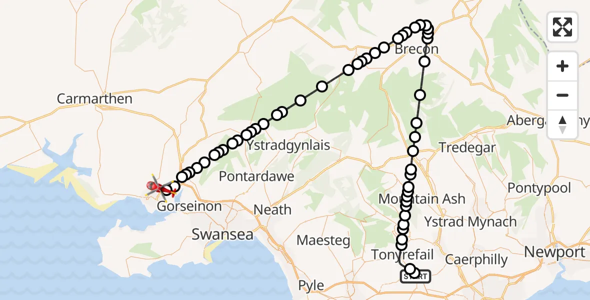 Flight route Air Ambulance Helicopter Royal Glamorgan Hospital Heliport - Dafen, 19 July 2026, 15:20