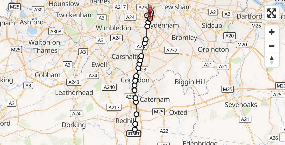 Flight route Air Ambulance Helicopter Redhill Aerodrome - Dulwich Village, 19 July 2026, 15:29