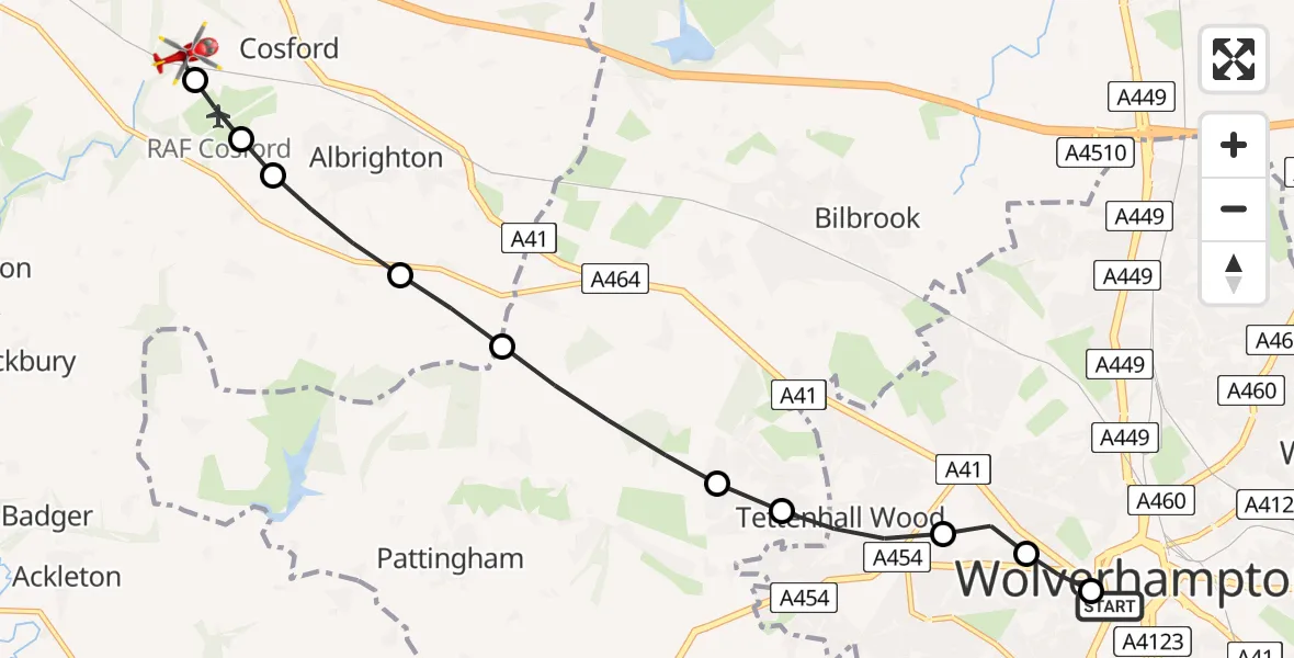Flight route Air Ambulance Helicopter Goldthorn Hill - Cosford, 19 July 2026, 15:34