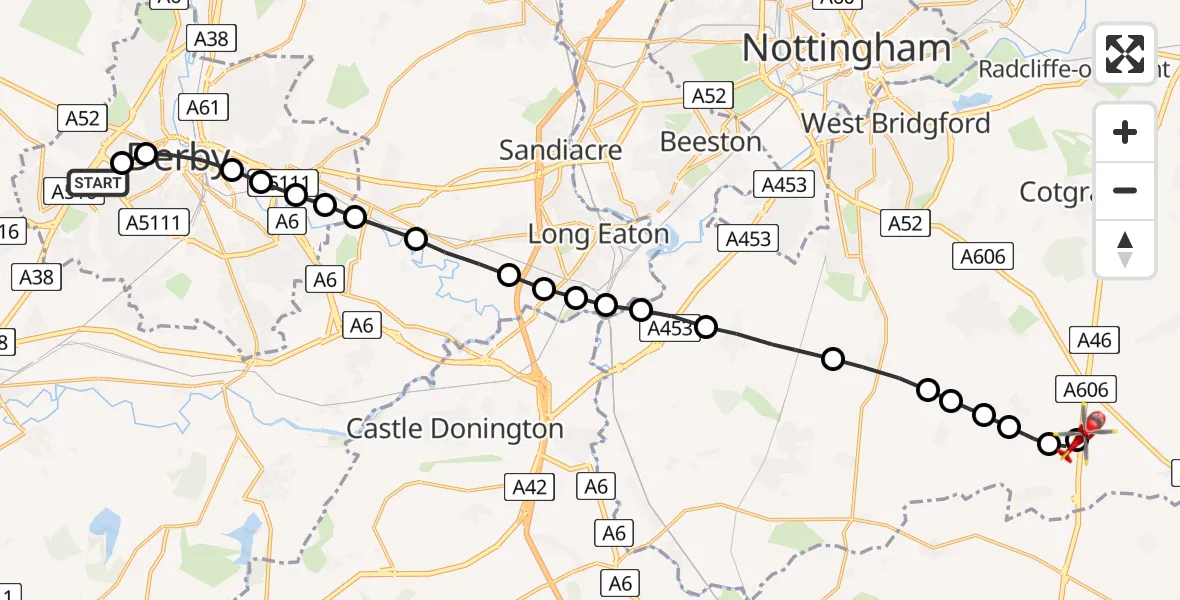 Flight route Air Ambulance Helicopter Royal Derby Trauma Unit - Nottingham Heliport, 19 July 2026, 15:34