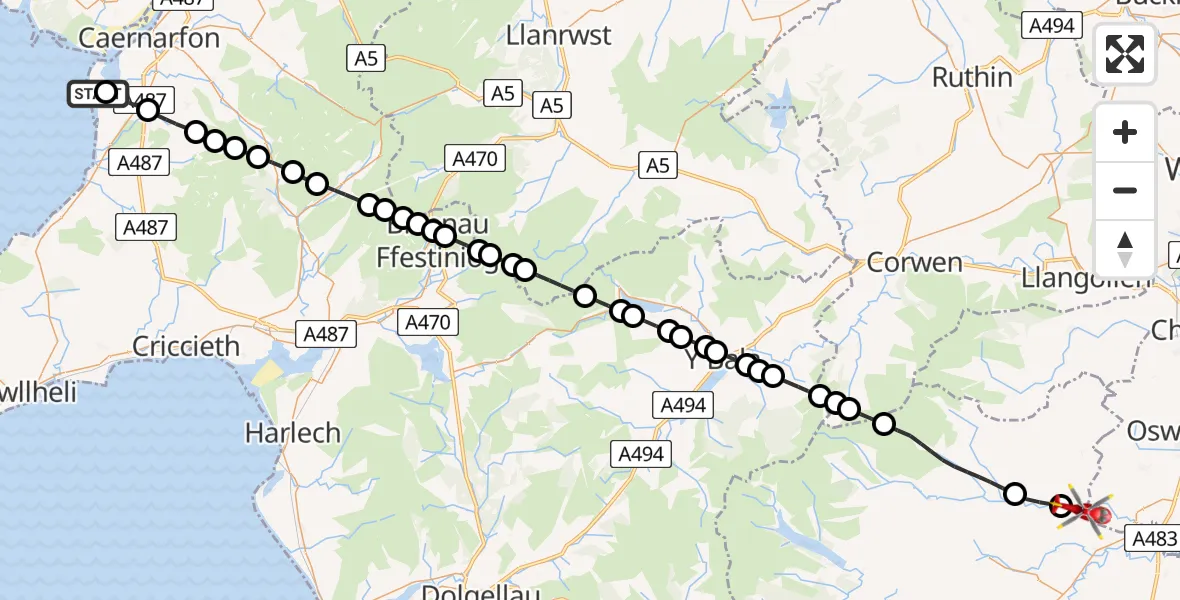Flight route Air Ambulance Helicopter Caernarfon Airport - Pen-y-bont Llannerch Emrys, 19 July 2026, 15:38