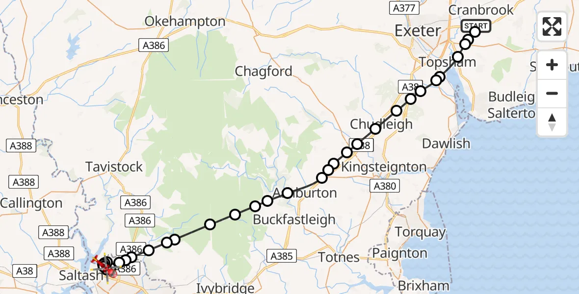 Flight route Air Ambulance Helicopter Exeter International Airport - West Park, 19 July 2026, 15:40