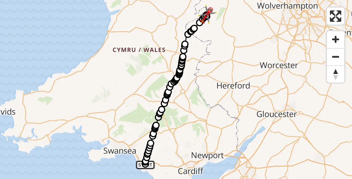 Flight route Air Ambulance Helicopter Kenfig Hill - Lydham, 19 July 2026, 15:46