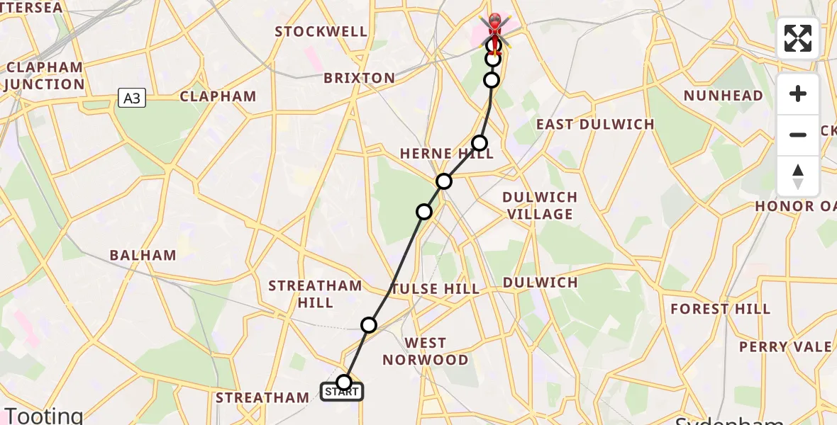Flight route Air Ambulance Helicopter Streatham Hill - Kings College London Hospital, 19 July 2026, 15:48