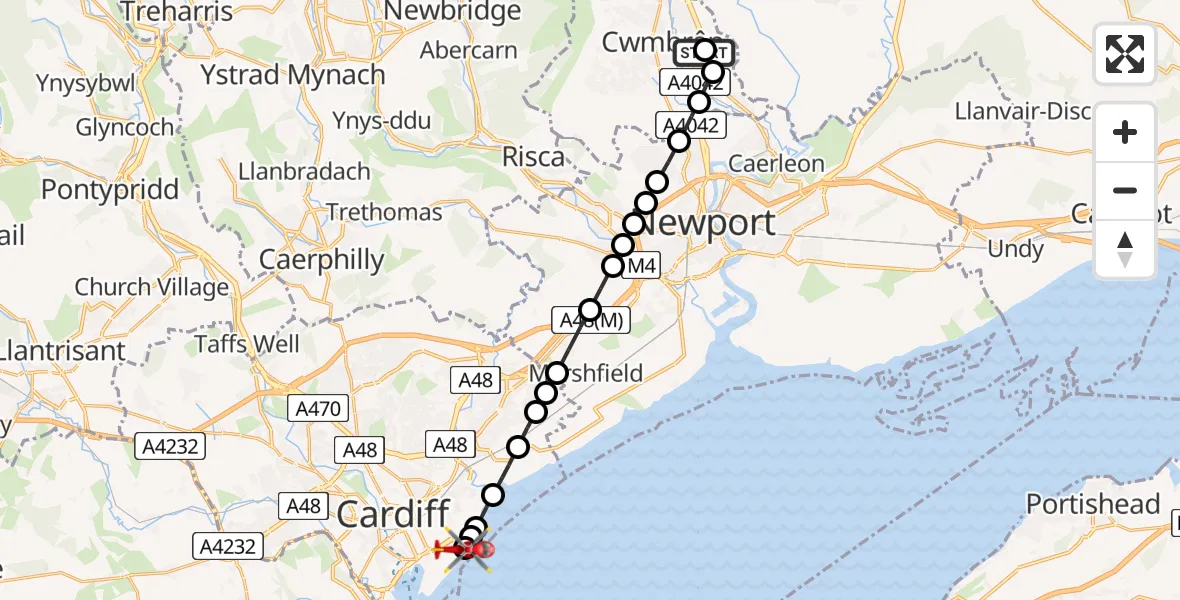Flight route Air Ambulance Helicopter Grange University Hospital Heliport - Cardiff Heliport, 19 July 2026, 15:49
