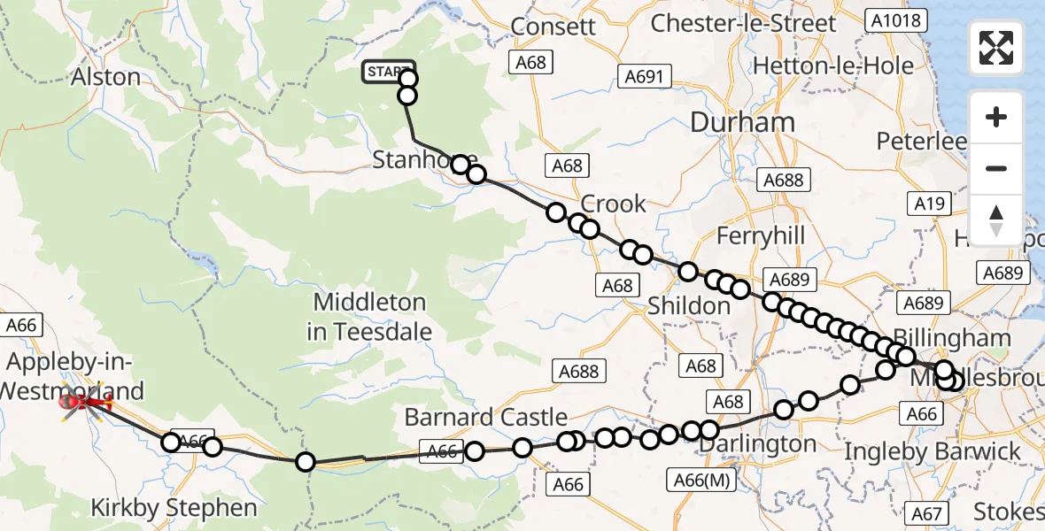 Flight route Air Ambulance Helicopter Hunstanworth - Great Ormside, 19 July 2026, 15:49