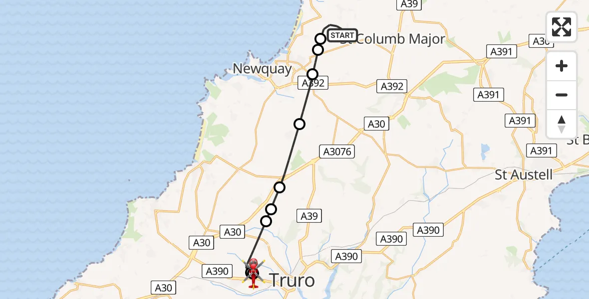Flight route Air Ambulance Helicopter Cornwall Airport Newquay - Treliske Hospital, 19 July 2026, 15:50