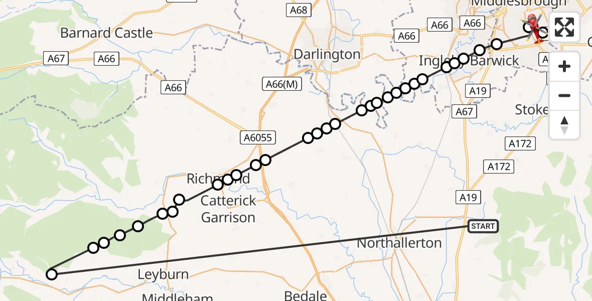Flight route Air Ambulance Helicopter Osmotherley - Middlesbrough, 19 July 2026, 16:06