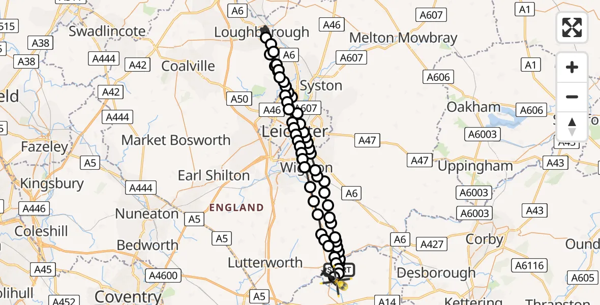 Flight route Police Helicopter Marston Trussell - Harborough, 19 July 2026, 16:10