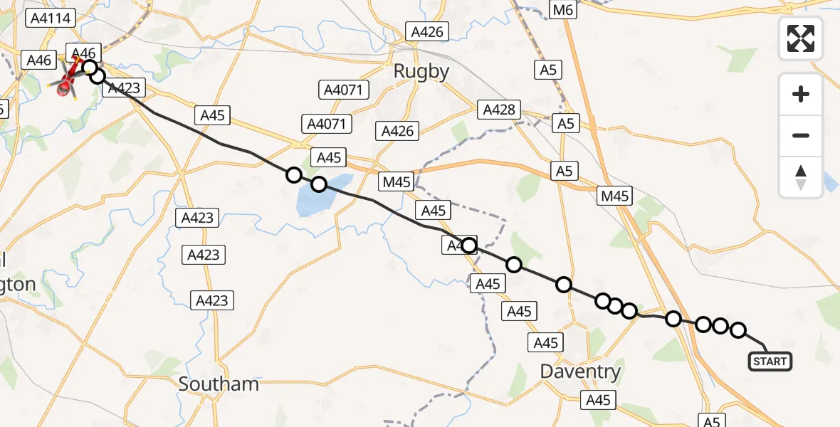 Flight route Air Ambulance Helicopter Little Brington - Coventry Airport, 19 July 2026, 16:15