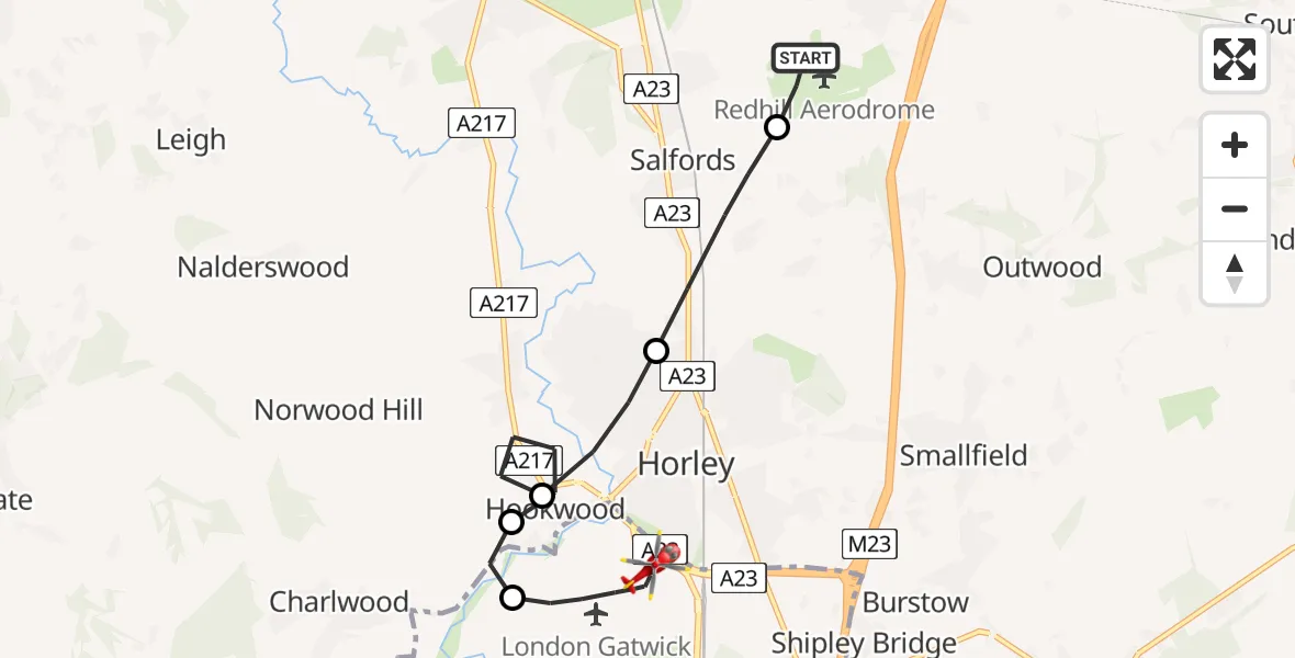 Flight route Air Ambulance Helicopter Redhill Aerodrome - London Gatwick Airport, 19 July 2026, 16:15