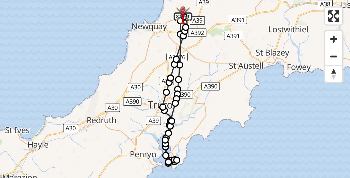 Flight route Air Ambulance Helicopter Cornwall Airport Newquay - Cornwall Airport Newquay, 19 July 2026, 16:17