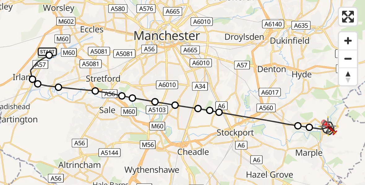 Flight route Air Ambulance Helicopter Manchester Barton Aerodrome - Stockport, 19 July 2026, 16:17