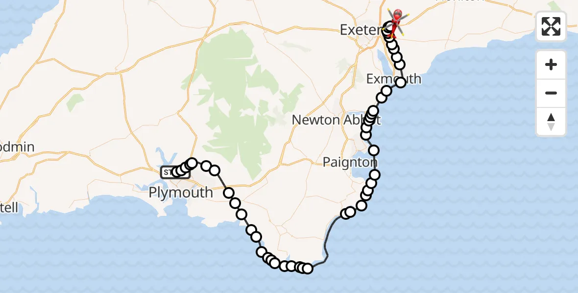 Flight route Air Ambulance Helicopter West Park - Exeter International Airport, 19 July 2026, 16:23