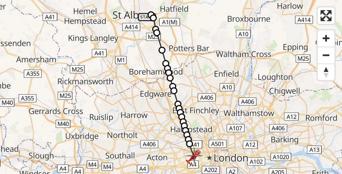 Flight route Air Ambulance Helicopter St Albans - City of Westminster, 19 July 2026, 16:24