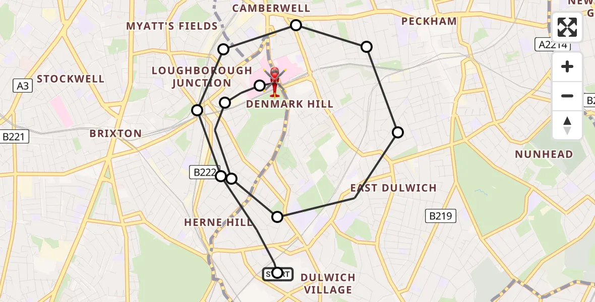Flight route Air Ambulance Helicopter Dulwich Village - Kings College London Hospital, 19 July 2026, 16:34