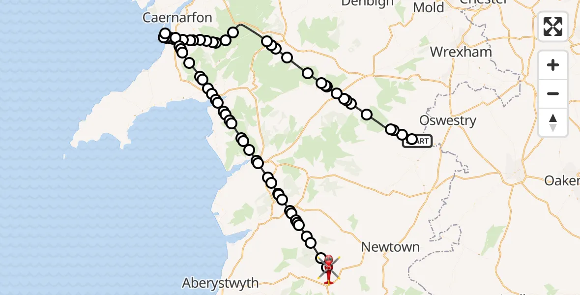 Flight route Air Ambulance Helicopter Pen-y-bont Llannerch Emrys - Llangurig, 19 July 2026, 16:42
