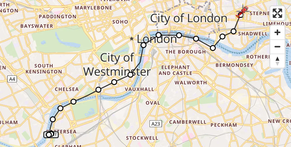 Flight route Air Ambulance Helicopter London Heliport - Royal London Hospital, 19 July 2026, 16:42
