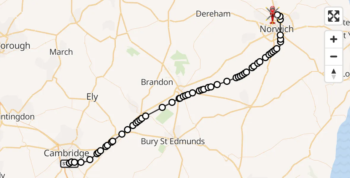 Flight route Air Ambulance Helicopter Papworth Hospital - Norwich Airport, 19 July 2026, 16:46