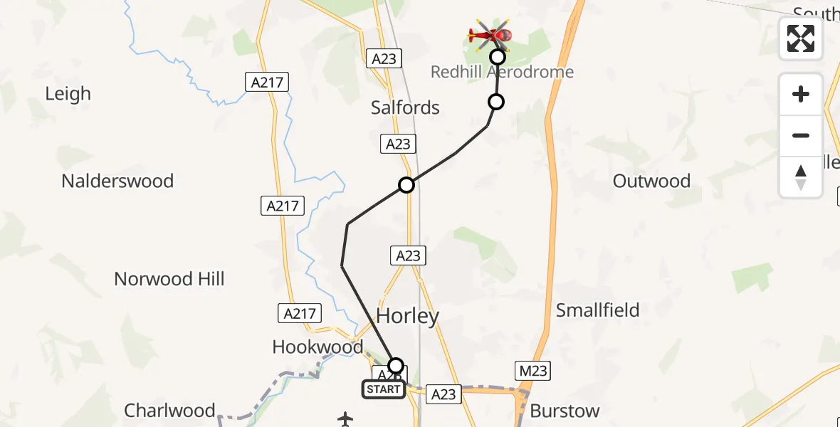 Flight route Air Ambulance Helicopter London Gatwick Airport - Redhill Aerodrome, 19 July 2026, 16:50
