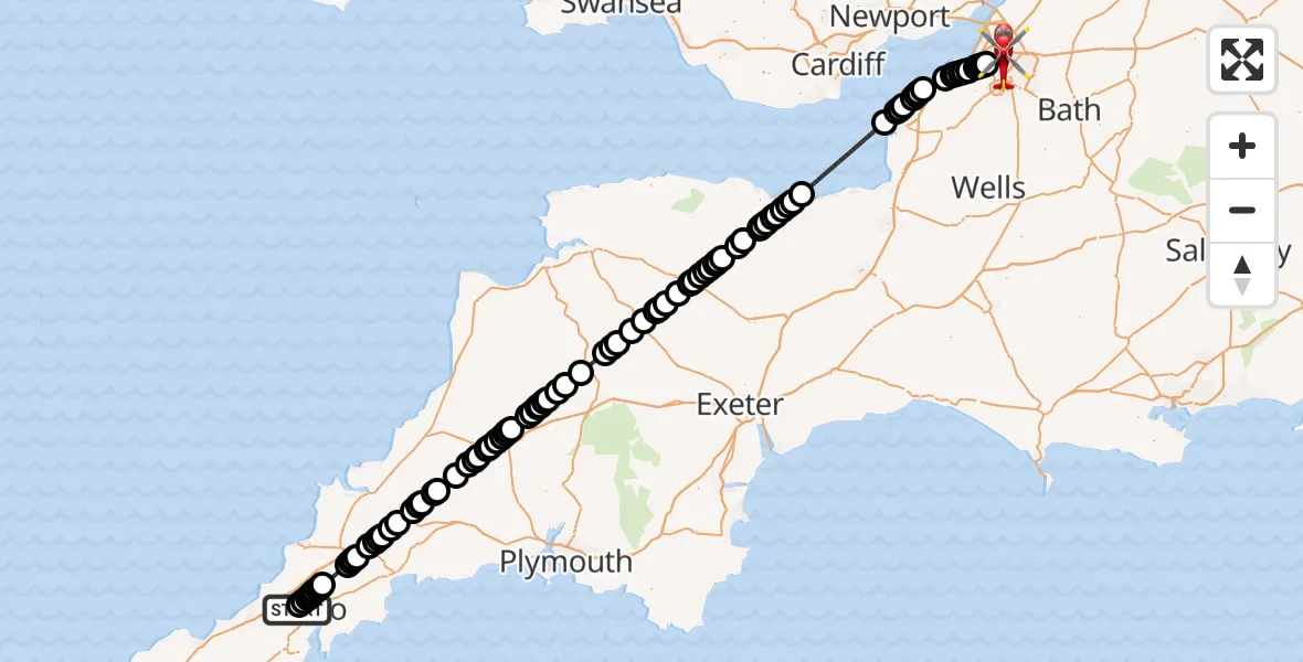 Flight route Air Ambulance Helicopter Treliske Hospital - Bristol, 19 July 2026, 16:52