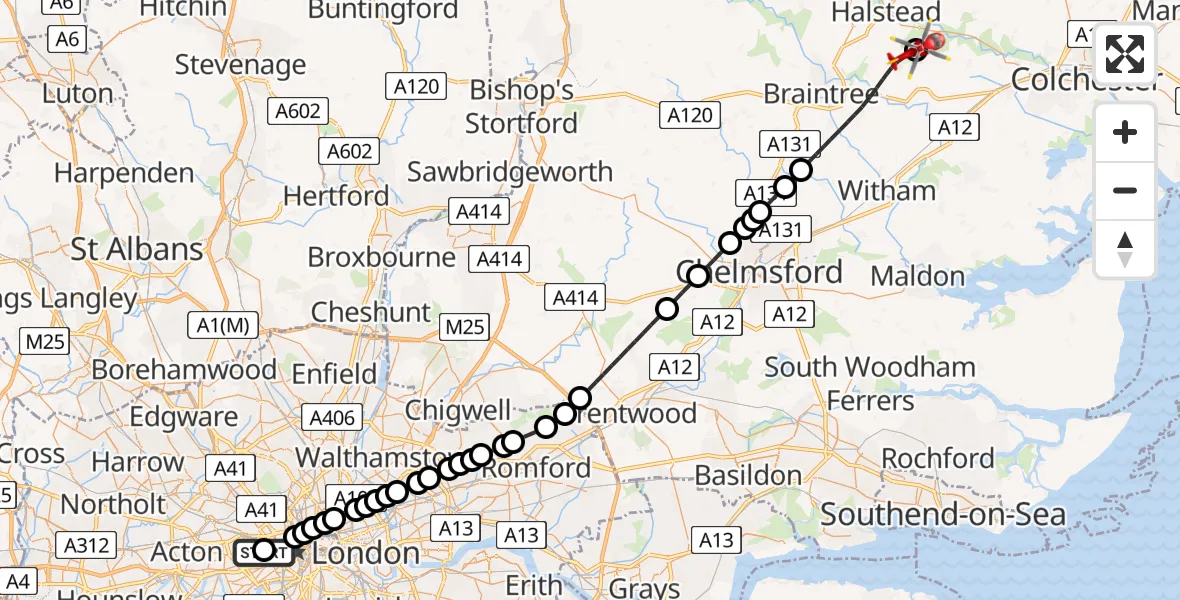 Flight route Air Ambulance Helicopter City of Westminster - Earls Colne Airfield, 19 July 2026, 16:55