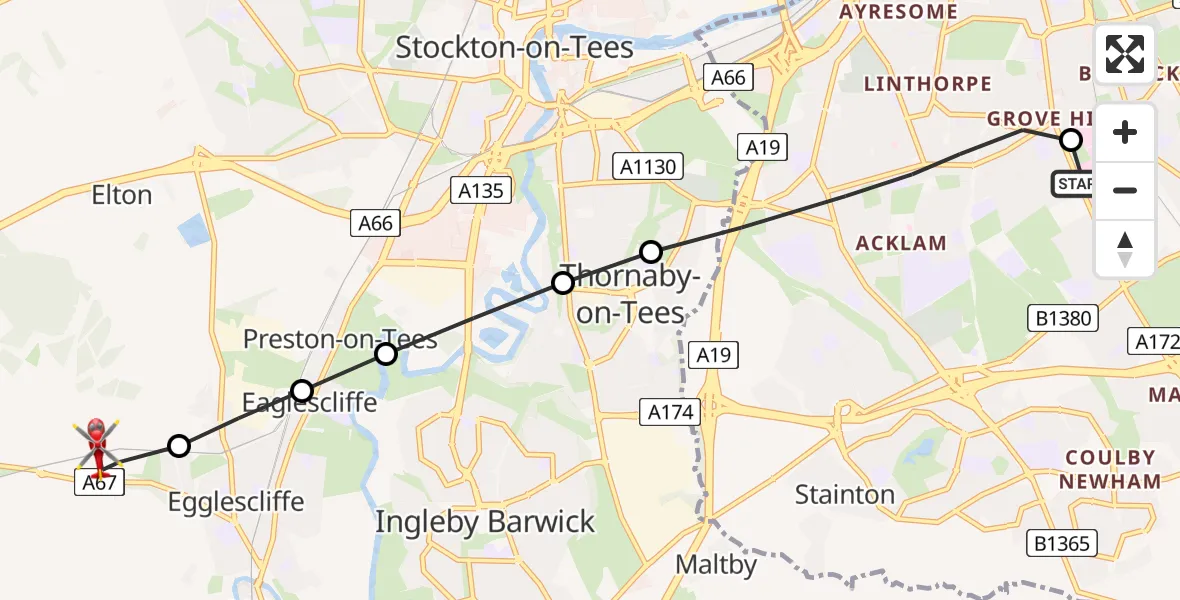 Flight route Air Ambulance Helicopter James Cook University Hospital - Egglescliffe, 19 July 2026, 16:57
