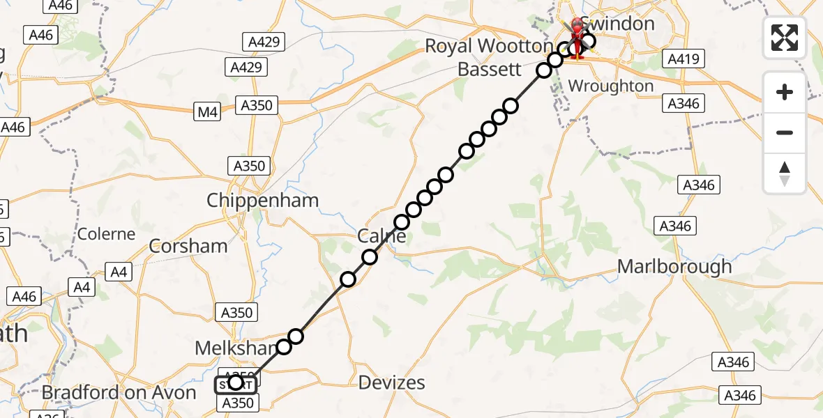 Flight route Air Ambulance Helicopter Wiltshire Air Ambulance - West Swindon, 19 July 2026, 17:01