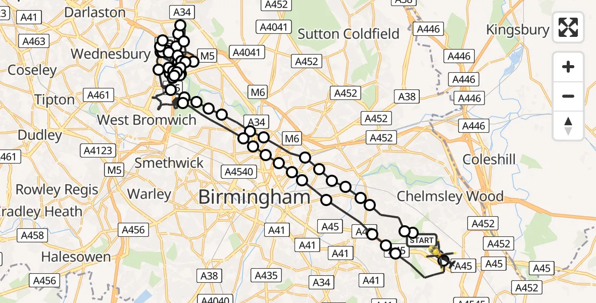 Flight route Police Helicopter Birmingham Airport - Birmingham Airport, 19 July 2026, 17:08