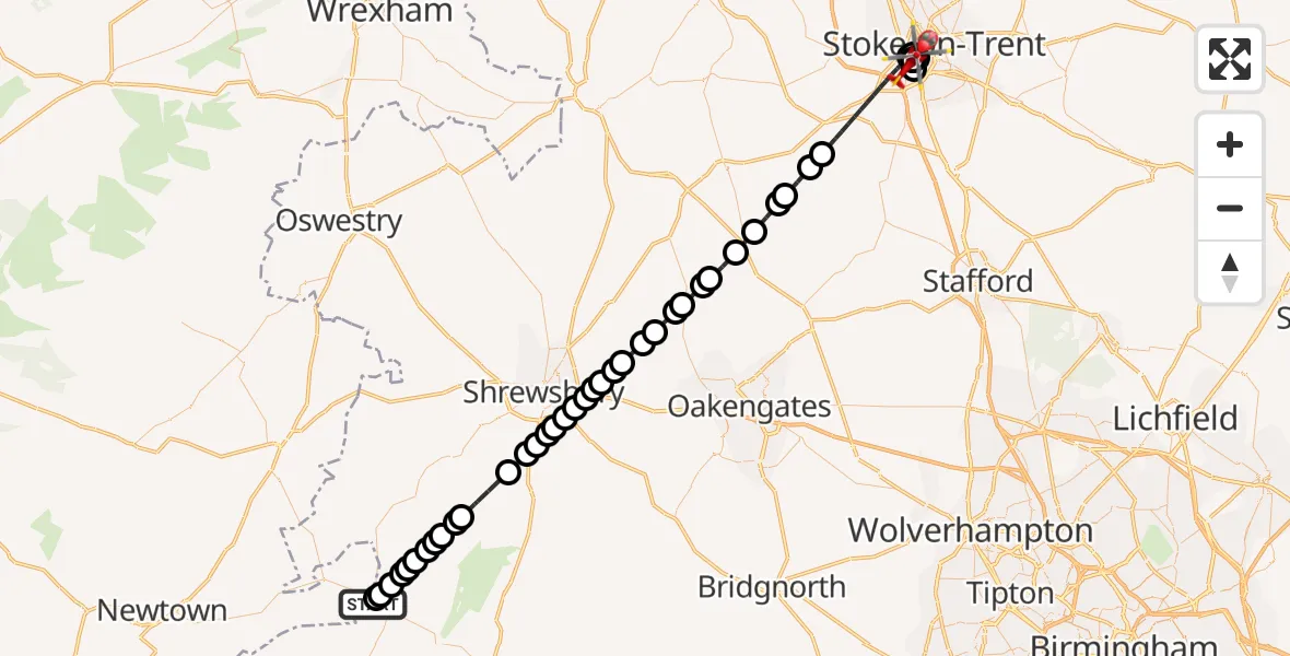 Flight route Air Ambulance Helicopter Churchstoke - Newcastle-under-Lyme, 19 July 2026, 17:34