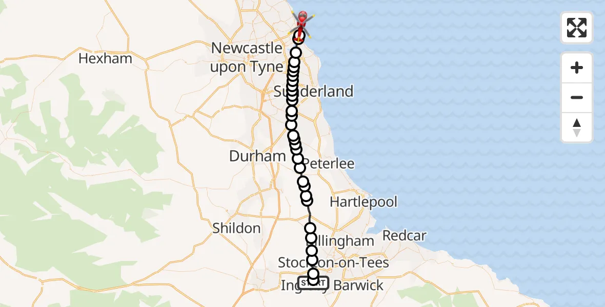 Flight route Air Ambulance Helicopter Egglescliffe - Tynemouth, 19 July 2026, 17:39