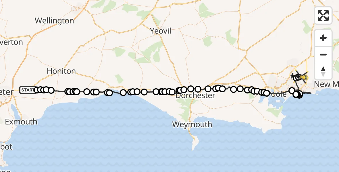Flight route Police Helicopter Rockbeare - Bournemouth Airport, 19 July 2026, 17:41