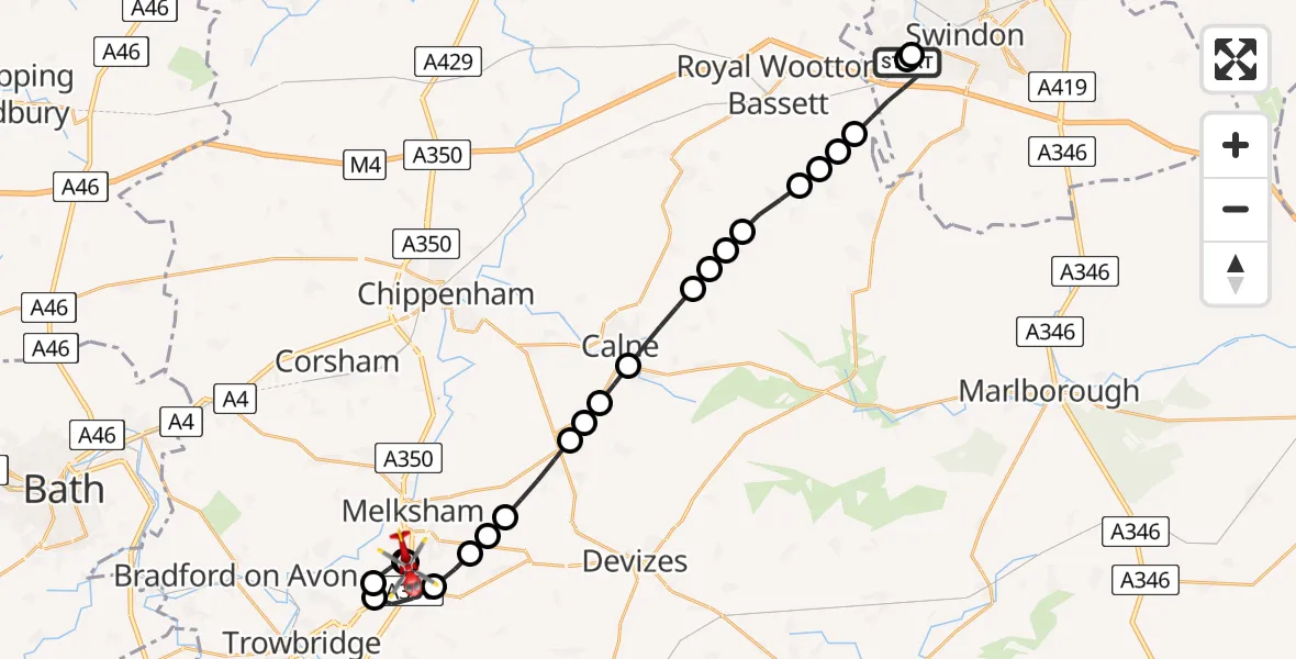 Flight route Air Ambulance Helicopter Swindon - Wiltshire Air Ambulance, 19 July 2026, 17:57