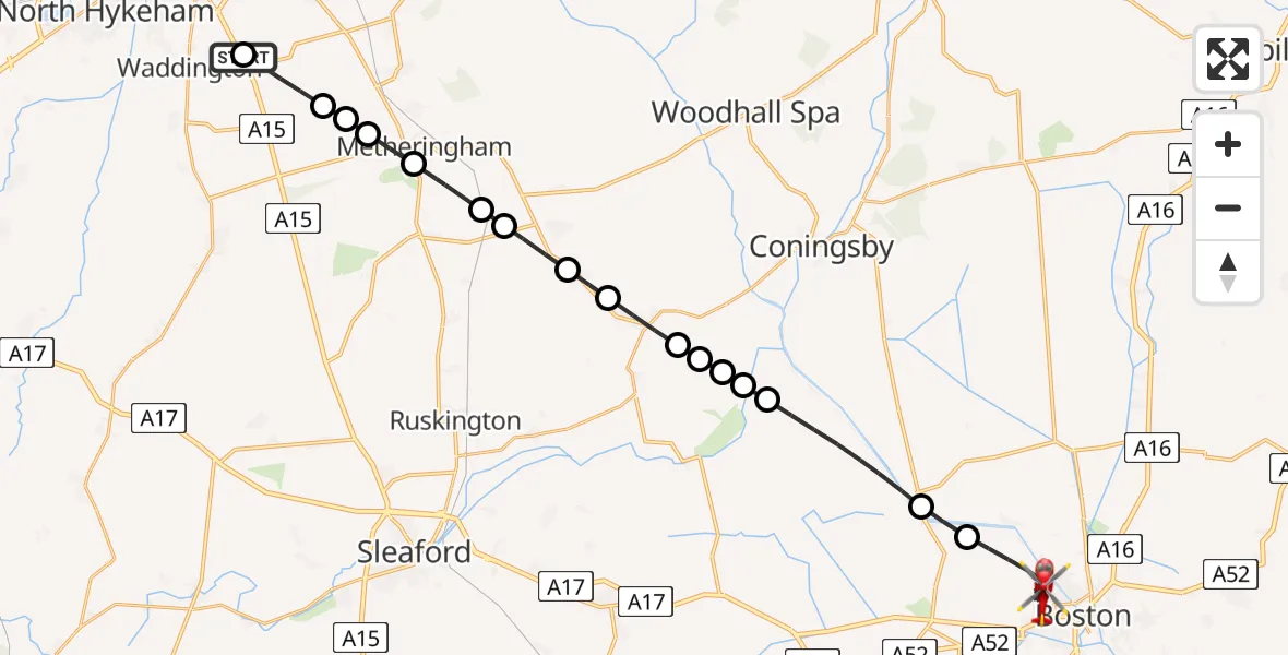 Flight route Air Ambulance Helicopter RAF Waddington - Boston, 19 July 2026, 18:00