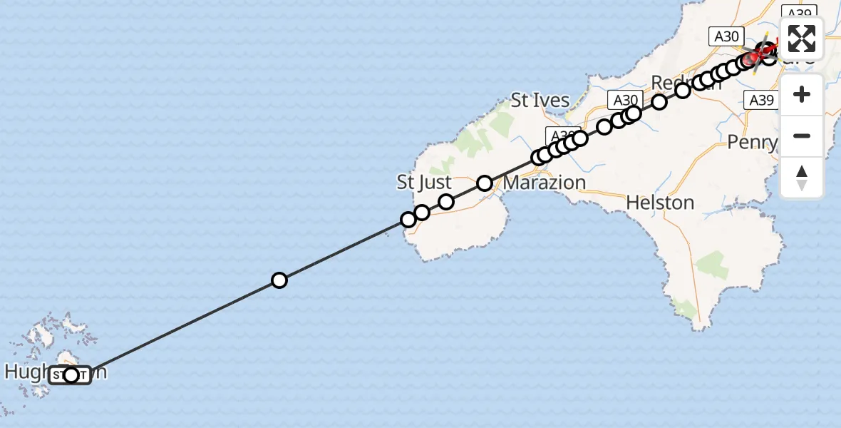 Flight route Air Ambulance Helicopter St. Mary's Airport - Treliske Hospital, 19 July 2026, 18:09