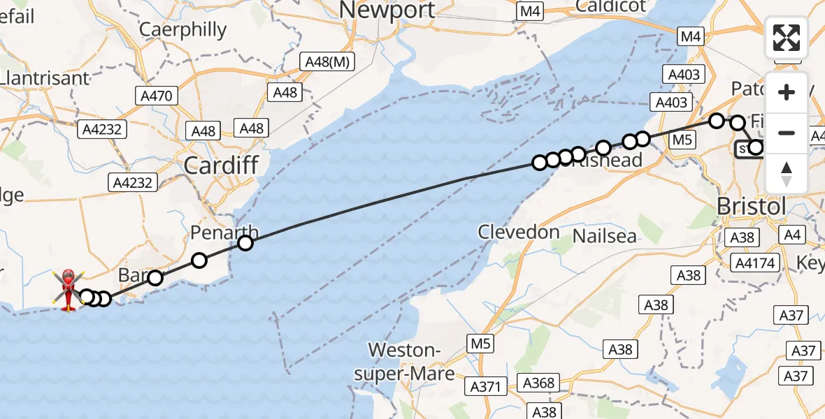 Flight route Air Ambulance Helicopter Southmead Hospital - Cardiff International Airport, 19 July 2026, 18:11