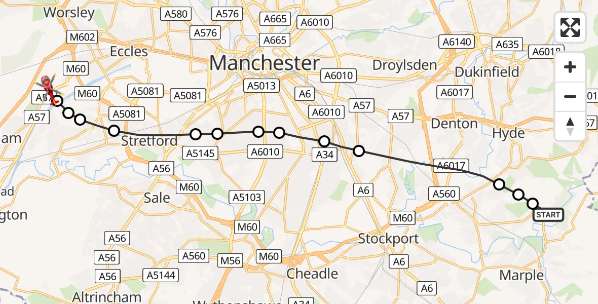 Flight route Air Ambulance Helicopter Stockport - Manchester Barton Aerodrome, 19 July 2026, 18:15