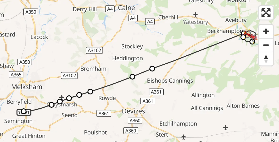 Flight route Air Ambulance Helicopter Wiltshire Air Ambulance - Avebury, 19 July 2026, 18:15