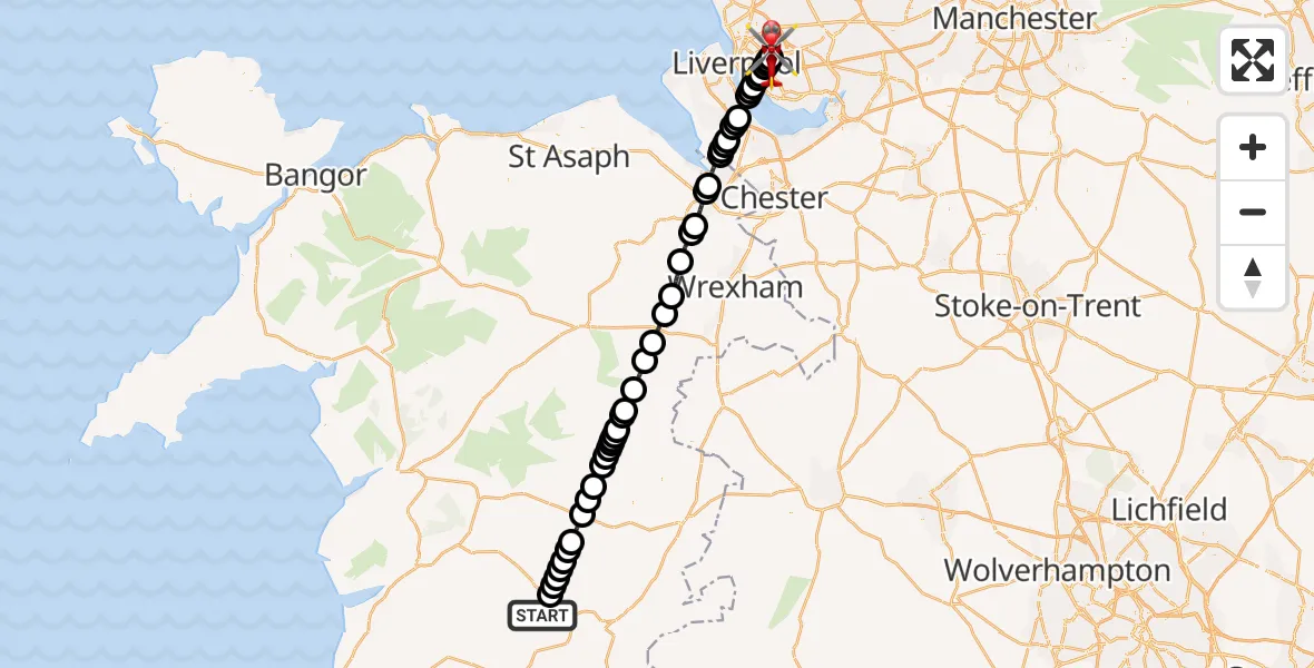 Flight route Air Ambulance Helicopter Trefeglwys - Knotty Ash, 19 July 2026, 18:24