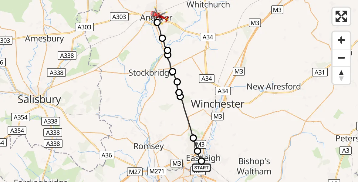 Flight route Air Ambulance Helicopter Southampton Airport - Andover, 19 July 2026, 18:37