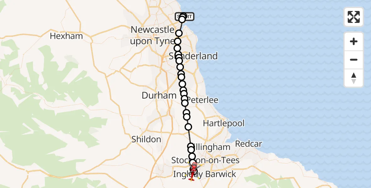 Flight route Air Ambulance Helicopter Whitley Bay - Egglescliffe, 19 July 2026, 18:38